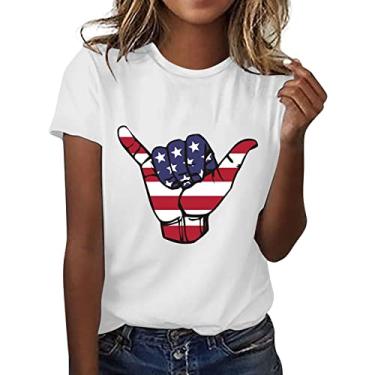 Imagem de Camisetas patrióticas femininas manga curta gola redonda camiseta 4th July Independence Day Shirt Funny Graphic Casual Tunics, Branco, G