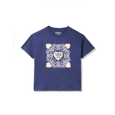 Imagem de GUESS Camisa de manga curta e lantejoulas de algodão orgânico para meninas, Azul enegrecido, 16 Anos
