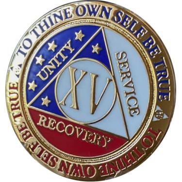 Imagem de Medalhão AA de 15 anos Reflex Vermelho Branco Azul Patriótico Banhado a Ouro Estrelas Chip