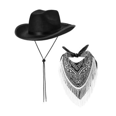 Imagem de oshhni Chapéu de cowboy chapéu panamá aba larga chapéu de sol cowgirl chapéu e bandana para clube festa palco desempenho halloween cosplay, PRETO