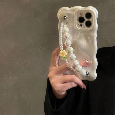 Imagem de Cubo onda padrão pérola flor pulseira caso de telefone macio para iphone 15 13 pro max 14 pro 11 12 capa brilhante, siliver, para iphone 12