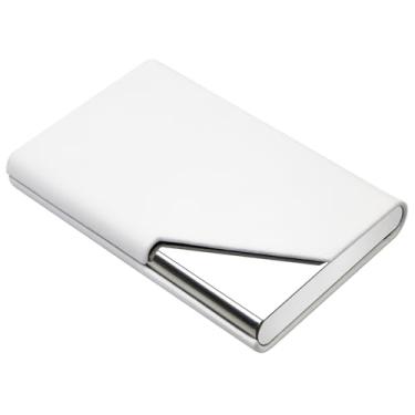 Imagem de Padike Porta-cartões de visita, estojo de couro atualizado para cartões de visita para homens ou mulheres, porta-cartões de visita fino de metal com bloqueio de RFID e fecho magnético (Y-WH)
