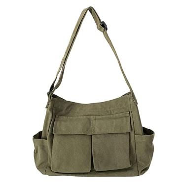Imagem de LassZone Bolsas de ombro de lona para mulheres, bolsa tiracolo de grande capacidade, bolsa mensageiro com vários bolsos, bolsa de viagem jeans, Verde