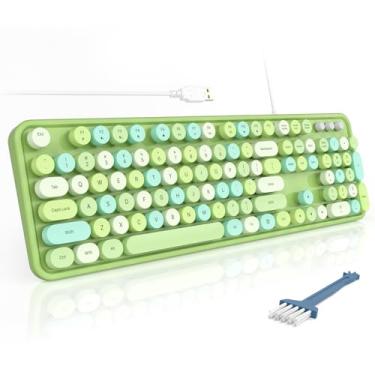 Imagem de MOFII Teclado com fio, teclado USB de tamanho completo, plug play, teclado de máquina de escrever redondo retrô colorido com suportes dobráveis para Windows PC e laptop (verde colorido)