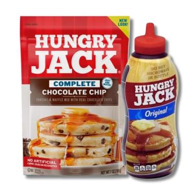 Imagem de Combo Massa de Panquecas Mix com Gotas de Chocolate Chocolate Chip 198g e Xarope Maple Syrup Calda Bordo Bisnaga 429ml HUNGRY JACK