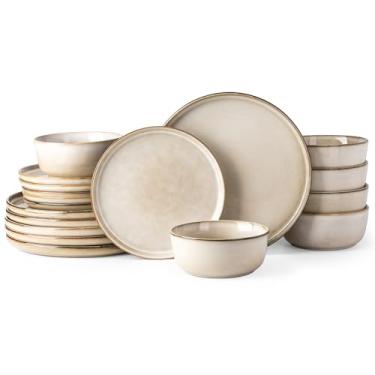 Imagem de Jogo de jantar de cerâmica GBHOME Pratos e tigelas de grés, 18 peças, para 6 pessoas, resistentes a arranhões, seguro para lava-louças e micro-ondas, esmalte reativo – marrom-claro (cappuccino)
