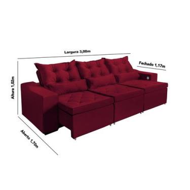 Imagem de Sofá  4 Lugares Opala 3,00 Metros Vermelho Retrátil Reclinável Tecnolo