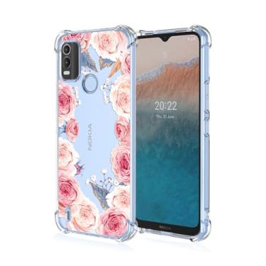 Imagem de RRXSYXL Capa para celular Nokia C21 Plus com estampa floral transparente, proteção à prova de choque, capa de TPU macio para Nokia C21 Plus, floral rosa