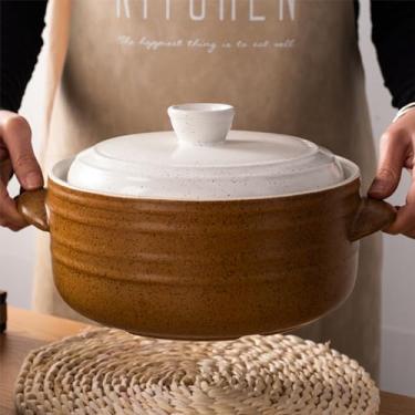 Imagem de Caçarola de cerâmica, panela de barro, panelas de barro com tampa para jantar e festa, panela para ensopado, sopa, vapor, forno de forno seguro e resistente ao calor (3,17QT/3L)