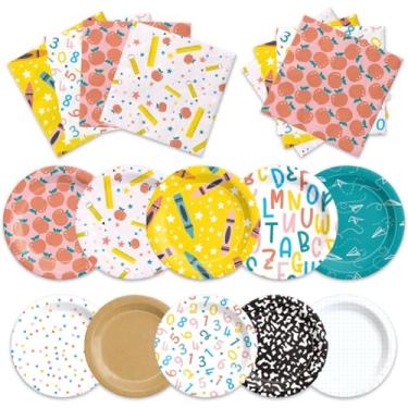 Imagem de CMUSKO 60 peças de pratos e guardanapos escolares - decoração de volta às aulas, régua, alfabeto de maçã, primeiro e último dia de aula, pré-escola, jardim de infância, graduação, utensílios de mesa