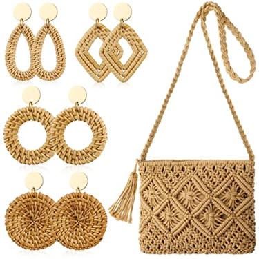 Imagem de Reginary 9 peças bolsa clutch de palha para mulheres verão praia bolsa de palha conjunto de brincos de vime boho bolsa transversal tecido para férias