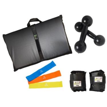Imagem de Kit Tornozeleira 2KG Nylon Preto + Halteres 2KG Preto + Colchonete Dob