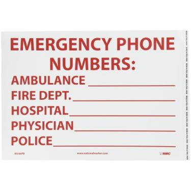 Imagem de NMC Placa de área restrita M346PB, legenda "NÚMEROS DE TELEFONE DE EMERGÊNCIA: AMBULÂNCIA, HOSPITAL, FÍSICO, POLICIA", 35,5 cm de comprimento x 25,4 cm de altura, vinil sensível à pressão, vermelho