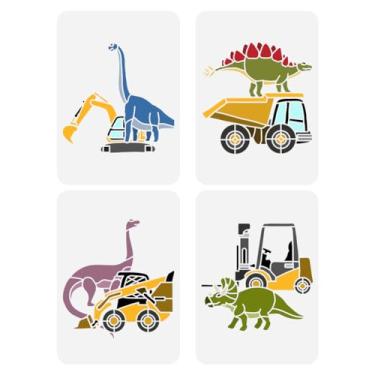 Imagem de FINGERINSPIRE Estêncil de pintura de 4 peças de dinossauros, caminhões de construção, 21 x 29,7 cm, modelo de veículo de engenharia de dinossauros, reutilizável, para pintura em móveis de piso de
