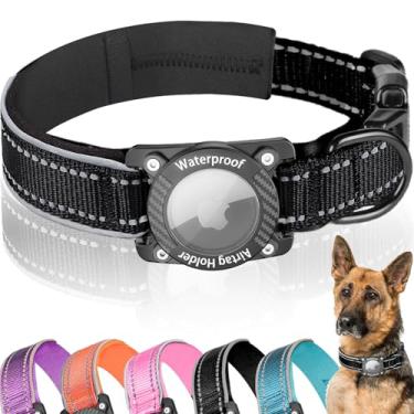 Imagem de AgoumLux Coleira para cães AirTag atualizada, à prova d'água IP68 com suporte para Apple Air, coleiras refletivas ajustáveis e resistentes com acolchoamento macio para cães pequenos, médios e grandes,
