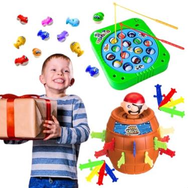 Imagem de Kit jogos de tabuleiro infantis educativos Barril pula pirata + brinquedo infantil pega peixe clássico retro presente menino menina dia das crianças natal aniversario