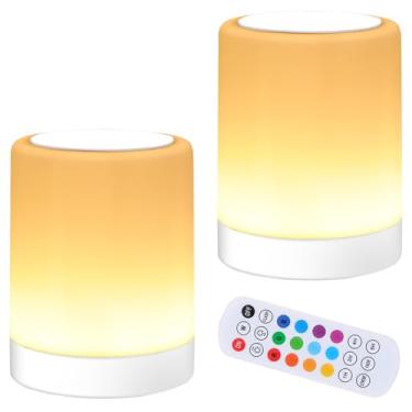 Imagem de OORUN Luminária de mesa de cabeceira sensível ao toque, 13 cores RGB e 5 brilho, lâmpada de mesa recarregável por USB, luz noturna regulável com controle remoto com mudança de cor RGB, lâmpada