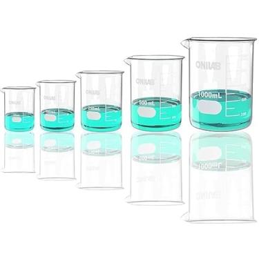 Imagem de ONiLAB Conjunto de Copo de Medição de Vidro 50Ml 100Ml 250Ml 500Ml 1000Ml(5) 3.3 Boro Griffin Forma Baixa com Graduação Impressa Vidraria Científica para Laboratórios, Salas de Aula Ou Uso Doméstico