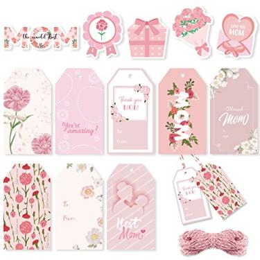 Imagem de WATINC 137 etiquetas de presente para o dia das mães, etiqueta de papel para pendurar Happy Mothers com cordão para decoração de presente para mãe, enfeite de envelope rosa branco, enfeite de presente, decoração de pendurar para lareira de árvore de Ação de Graças