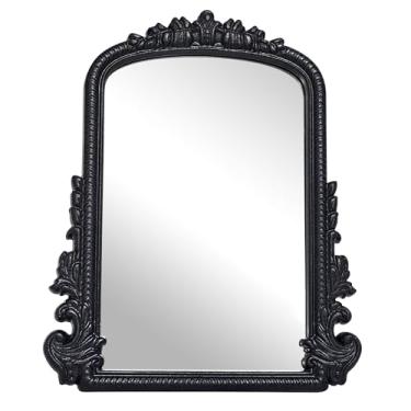 Imagem de Espelho de maquiagem vintage, espelho de mesa arqueado preto para maquiagem e decoração de quarto, espelho decorativo antigo com moldura esculpida, espelho de mesa para quarto, sala de estar, cômoda