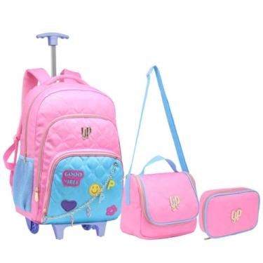 Imagem de Mochila Escolar com Rodinhas, Kit 3 Peças, Preta com Patches Decorativos, Alças Ajustáveis (ROSA)
