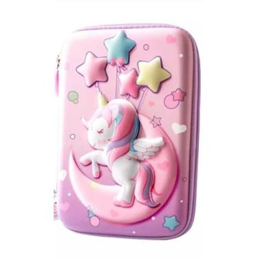 Imagem de Estojo Escolar 3D Unicórnio, Infantil, Rosa e Roxo, com Divisórias para Material