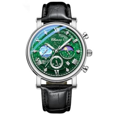 Imagem de FANMIS Relógio analógico masculino clássico, multifuncional, esportivo, militar, à prova d'água, luminoso, cronógrafo, céu estrelado, fase da lua, relógio de pulso de couro, Z, prata, verde, Relógio