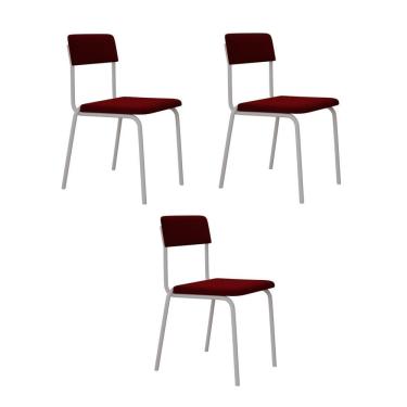 Imagem de Conjunto 3 Cadeiras Estofadas Fixa Empilhável Fit Vermelho Vinho  / Branco Fosco