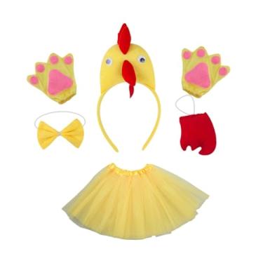 Imagem de UxicRuya Fantasia de animal de frango 5 unidades/conjunto saia de tule fofa para festa cosplay adereços meninas, Amarelo com Cauda Vermelha