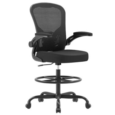 Imagem de Synorla Cadeira de desenho ergonômica, cadeira de escritório alta com apoios de braço flip-up, cadeira de mesa alta de malha respirável com suporte lombar anel de apoio para os pés ajustável para mesa