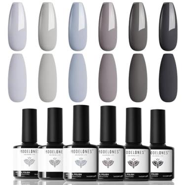 Imagem de modelones Conjunto de esmalte de gel cinza 6 cores, cinza nuvem escura pedra selo ferro fóssil tons coleção para todas as estações elegante kit de arte de unhas de imersão design de manicure imersão