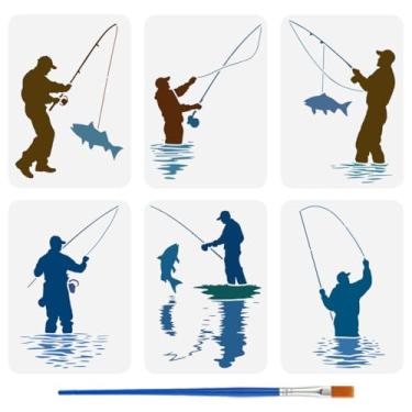 Imagem de FINGERINSPIRE 6 peças de estêncil de pintura de pescador com pincel de pintura 21 x 29,7 cm, haste de peixe, modelo de desenho aquático, tema de pesca, faça você mesmo, estêncil de decoração de arte