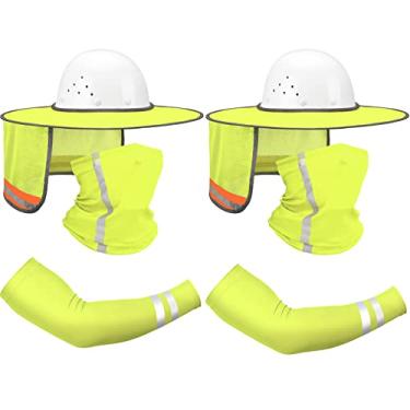 Imagem de 6 pçs chapéu rígido de alta visibilidade sombra de sol aba completa malha pescoço proteção contra o pescoço pescoço polaina bandana lenço facial com alça reflexiva UV mangas braço, chapéu rígido não incluído (amarelo fluorescente)