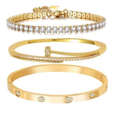 Imagem de Niarezom Conjunto de pulseira de tênis banhada a ouro 18 K para mulheres, conjunto de pulseiras de aço inoxidável para amor, joias modernas, presentes para mulheres, One Size, Zircônia cúbica Aço
