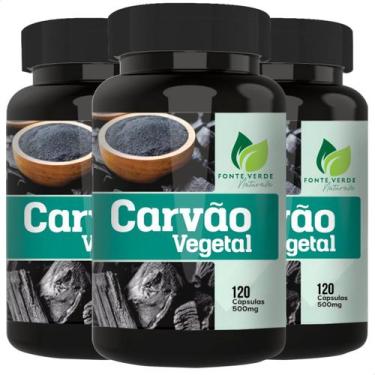 Imagem de 3 potes Carvão Vegetal Ativado Puro Kit 360 Cápsulas - Fonte Verde