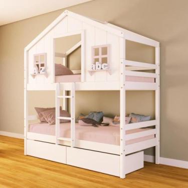 Imagem de Beliche Casinha dos Sonhos com 02 Gavetas Madeira Maciça Branco/ Rosa 