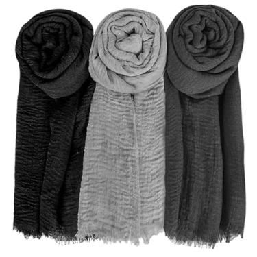 Imagem de Cachecol de algodão para mulheres, cachecol de algodão para mulheres, 3 peças 180 x 89 cm, cachecol vintage enrugado com bordas com franjas, cachecol longo lavável para mulheres, casual, cachecol xale