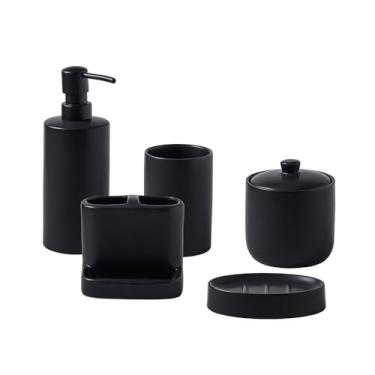 Imagem de SURUI Conjunto De Acessórios Banheiro Cerâmica Com 5 Peças - Dispensador Sabonete E Porta-Escovas Dentes Cotonete, Saboneteira, Copo Para Penteadeira Branco Fosco Pia (Preto)