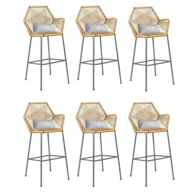 Imagem de Kit 06 Banqueta Alta Sttar Ferro Prata Fibra Palha Almofada Sintético Branco