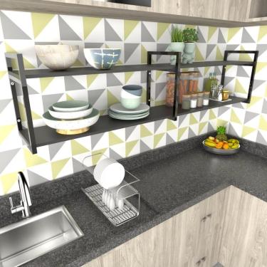 Imagem de Prateleira Industrial Nichos Cozinha Preto Suporte Industrial Suspensa Ferro Madeirasimples