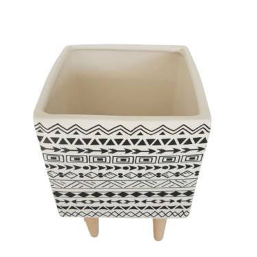 Imagem de Cachepot Cerâmica Branco E Preto Com Pés Madeira Al 25cm X L 15cm X C 15cm