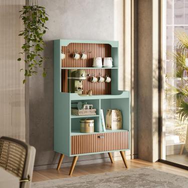 Imagem de Armário Bancada Cantinho Do Café Menta/Tauari Ripado 1 Porta Basculante Com Pés De Madeira