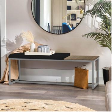 Imagem de Banco Recamier Puff 195cm Industrial Cinza Corino Preto Tampo Quadrado Mdf Carvalho