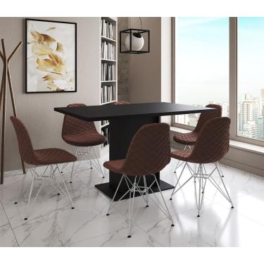 Imagem de Mesa Jantar Londres Retangular Preta 137X90Cm 6 Cadeiras Estofadas Caramelo Ferro Branco