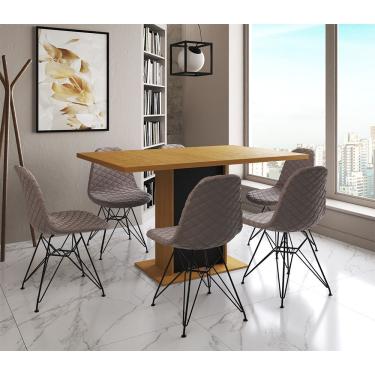 Imagem de Mesa Jantar Londres Retangular Canela 137X90 Base Preta 6 Cadeiras Estofadas Nude Médio Ferro Preto