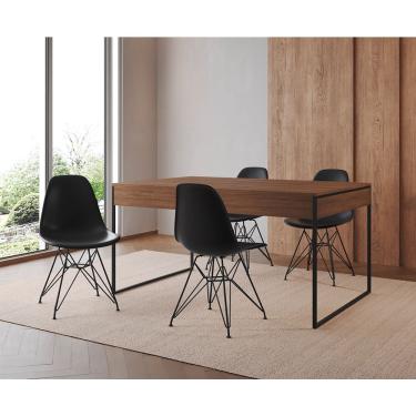 Imagem de Mesa Jantar Industrial Retangular 137X90Cm Amêndoa Com 4 Cadeiras Pretas Base Ferro Cor: Amendoa