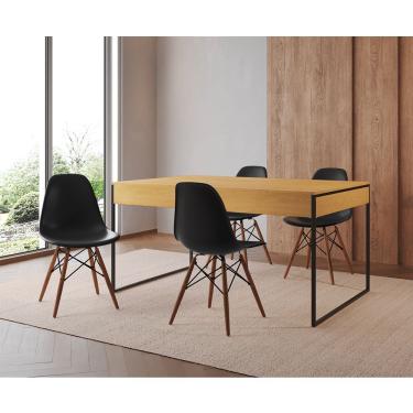 Imagem de Mesa Jantar Industrial Retangular Canela 137X90Cm Base Ferro Preto C/4 Cadeiras Pretas Cor: Canela