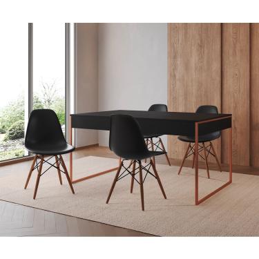 Imagem de Mesa Jantar Industrial Retangular Preta 137X90Cm Base Cobre Com 4 Cadeiras Pretas Cor: Preto