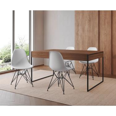 Imagem de Mesa Jantar Industrial Retangular 137X90Cm Amêndoa Com 4 Cadeiras Brancas Base Ferr Cor: Amendoa
