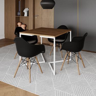 Imagem de Mesa Jantar Industrial Quadrada 90Cm Amêndoa Base V Ferro Branco C/4 Poltronas Pretas C...